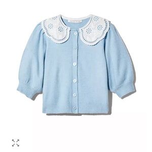 English Factory Blue Cardigan with White Eyelet Collar